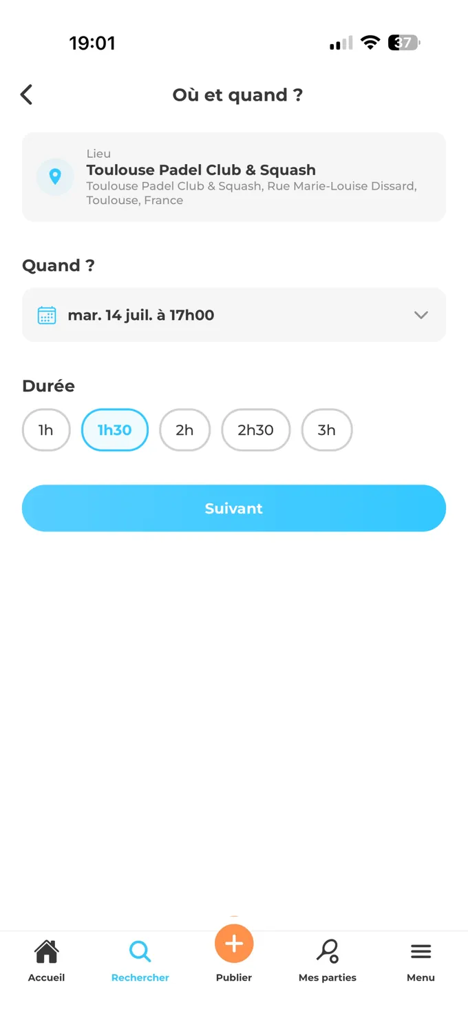 Application Wiinup : création d'une partie, choix du lieu, de la date et de la durée