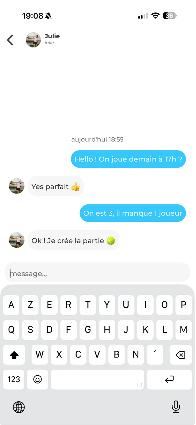 Application Wiinup : messagerie de la partie, échange entre joueurs pour confirmer l'horaire
