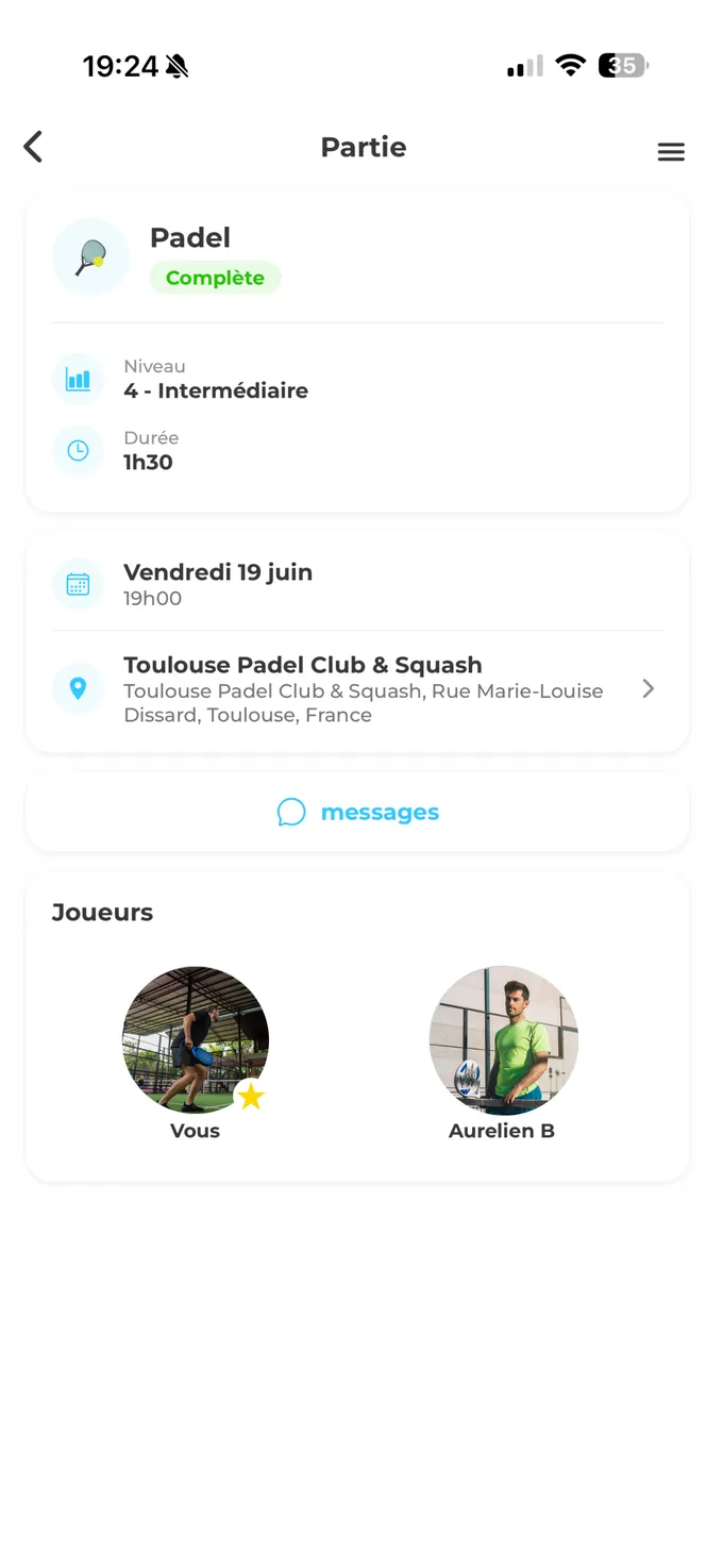 Application Wiinup : partie complète avec la date, le lieu et les joueurs inscrits
