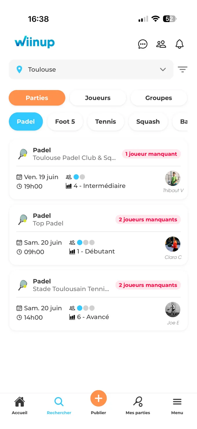 Application Wiinup : liste de parties qui cherchent encore des joueurs