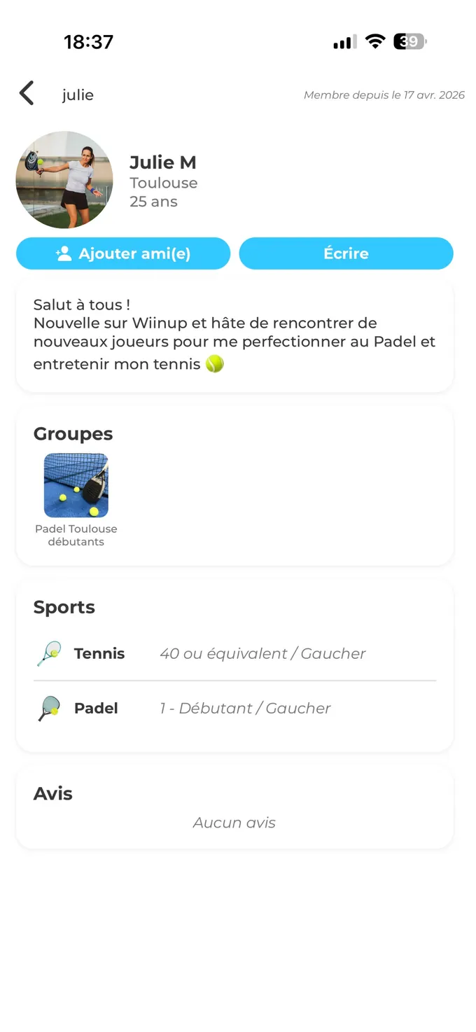Application Wiinup : profil d'une joueuse avec ses sports et son niveau