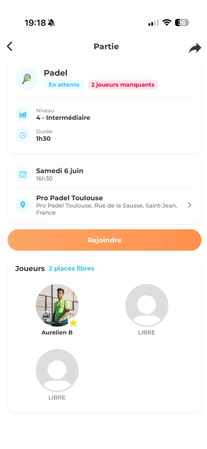 Application Wiinup : détail d'une partie de padel avec le bouton Rejoindre