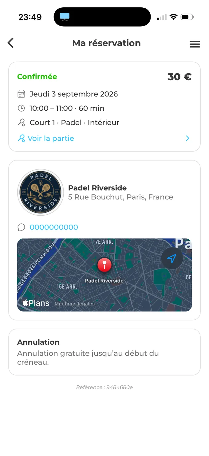 Application Wiinup : réservation confirmée avec la date, le créneau, le terrain et le club