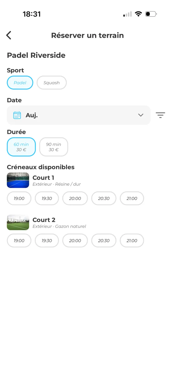 Application Wiinup : réservation d'un terrain, choix du sport, de la durée et du créneau par court