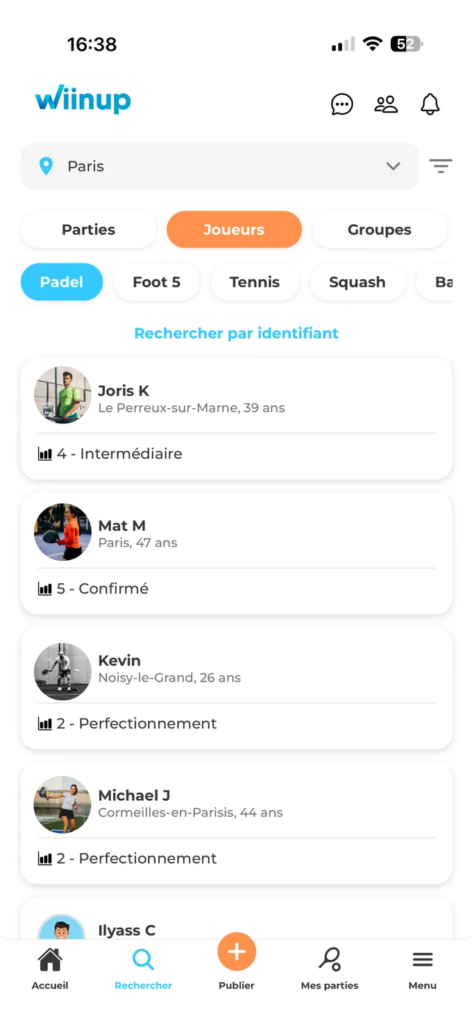 Application Wiinup : résultats de recherche de joueurs avec niveau affiché