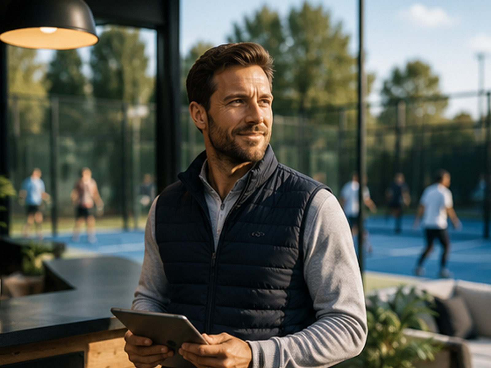 Un responsable de club tient une tablette devant des terrains de padel en activité.