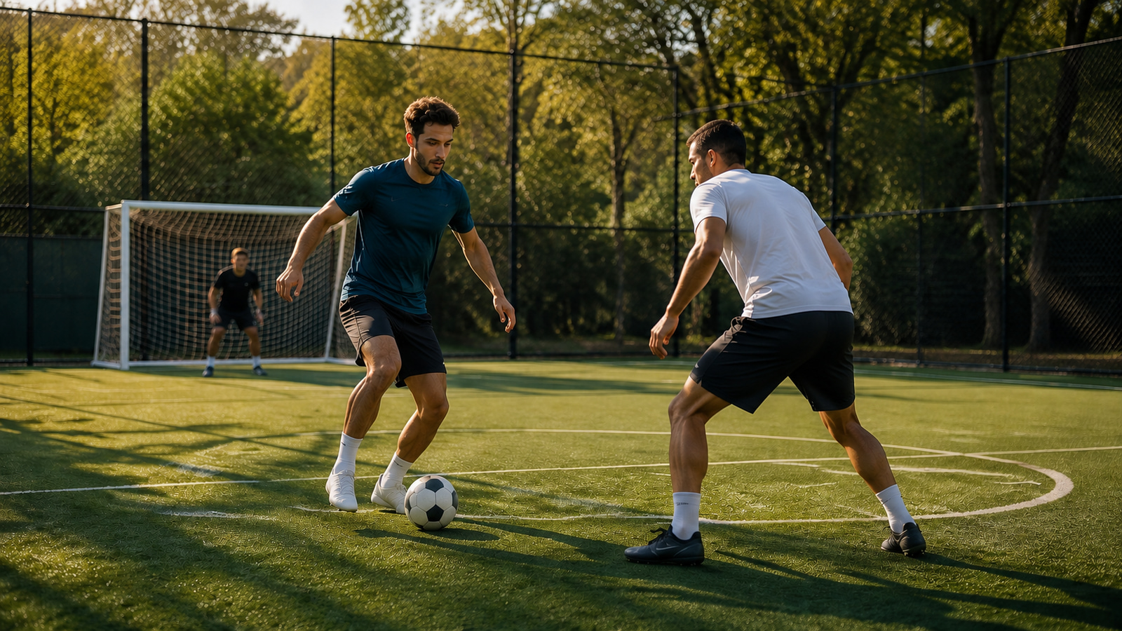 Deux joueurs se disputent un ballon sur un terrain de foot à 5.