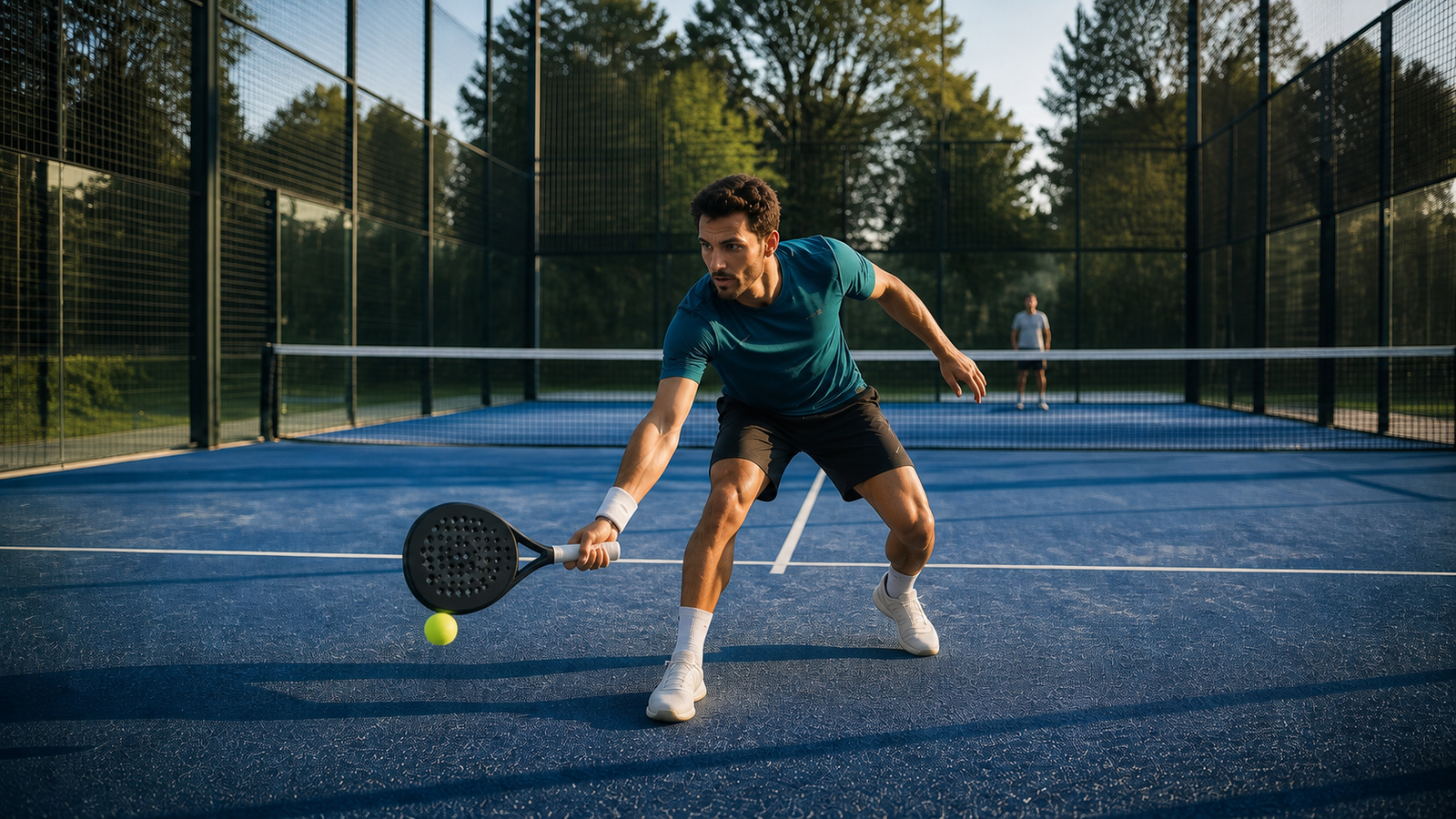 Un joueur de padel renvoie une balle sur un court extérieur.