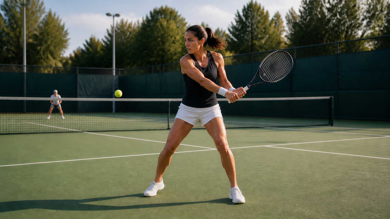 Une joueuse de tennis prépare un revers sur un court extérieur.